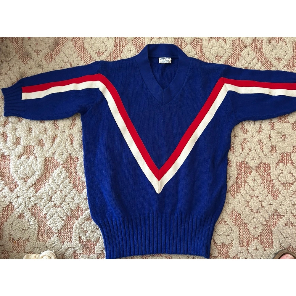 VTG 70s Sweater School Cheerleader Blue Pep Club Uniform V-Neck Size M JeanLee